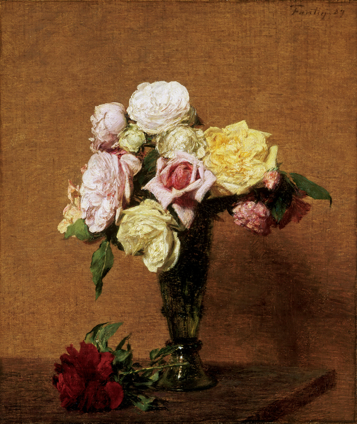  方丹·拉图尔 Fantin-Latour 在一个有凹槽的花瓶玫瑰静物 Still Life with Roses in a Fluted Vase